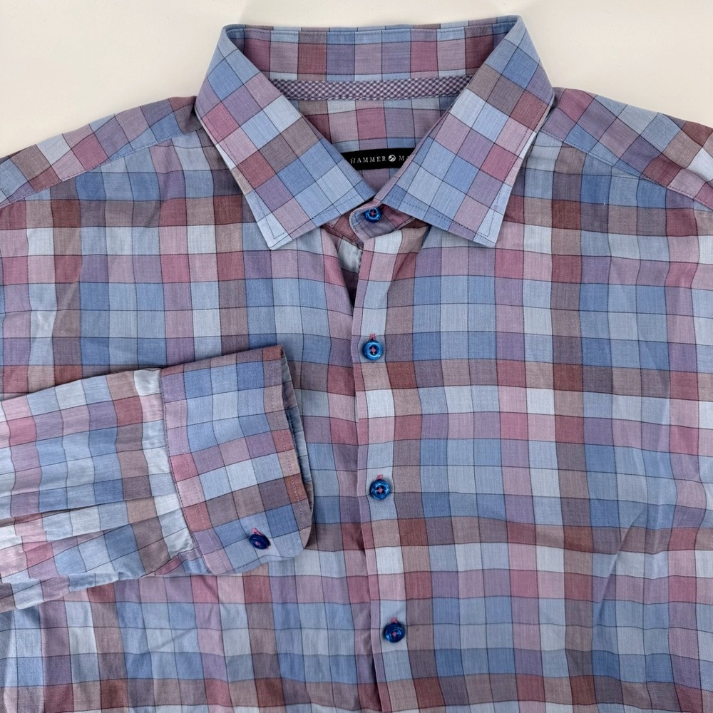 Hammer Made Button Down Shirt 43/17 Large Blue Purple Plaid Long Sleeve‎ Cotton